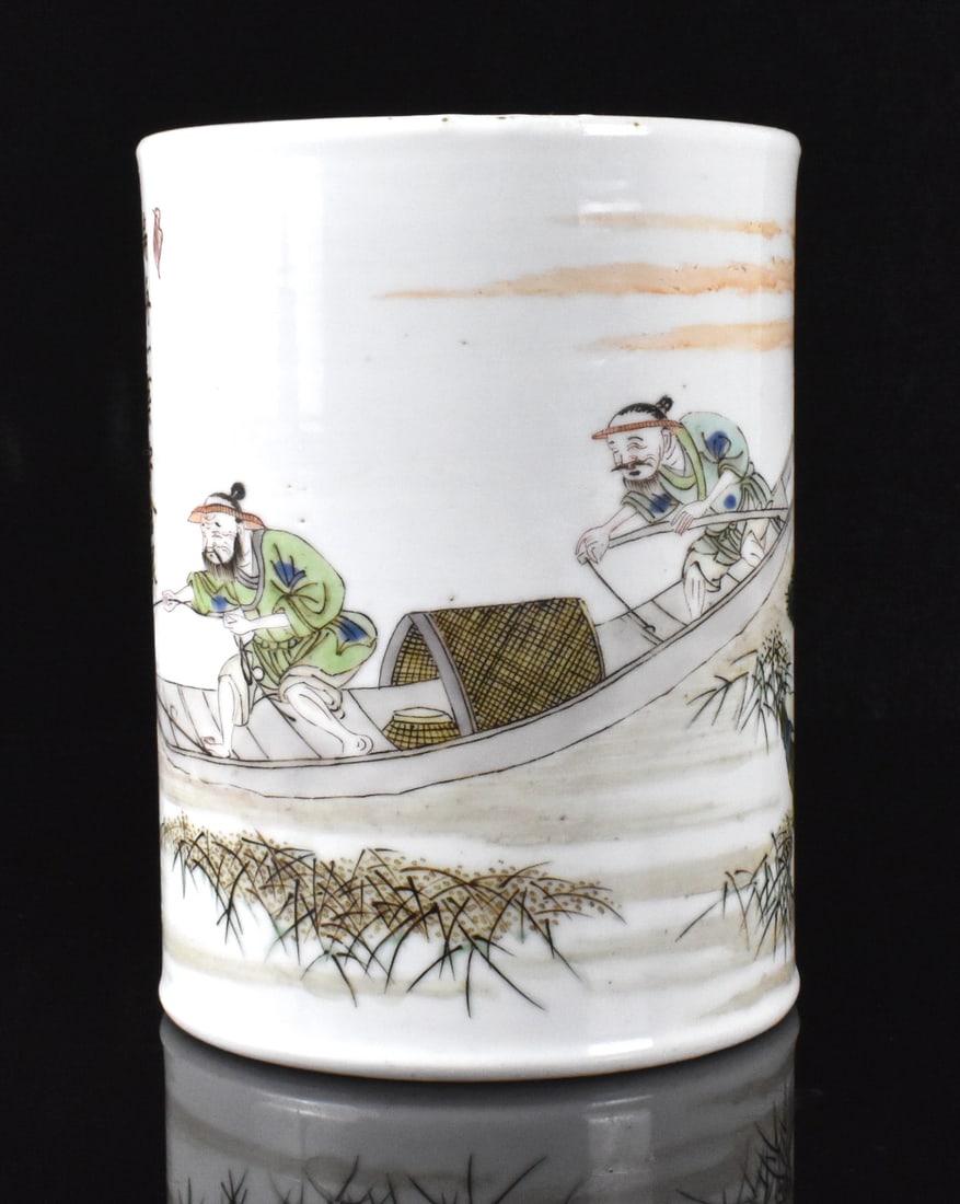 Chinese Famille Verte Brushpot w/ Fishermen,Qing D: A Chinese famille verte brushpot. dated from Qing Dynasty, White glaze ground with painted fisherman in boat holding a net over the water, with five lines of Chinese poem on the other side. Detailed t