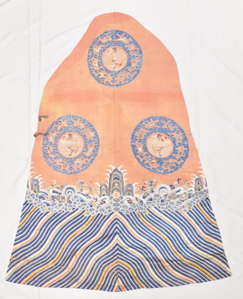 Chinese Silk Embroidery Robe Panel w/Crane,Qing D.: Chinese silk embroidery robe panel with crane, dated from Qing Dynasty, over flesh colored back ground, three large roundel with white crane surrounded by auspicious clouds and Buddhist treasures, all