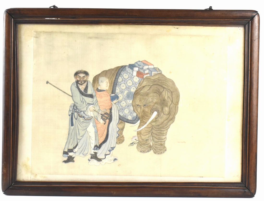 Chinese Silk Painting of Luohan & Elephant, Qing D: Chinese School, silk painting of Luohan & elephant, dated from Qing Dynasty, nicely painted on silk of two Luohan figure, one holding a staff facing front and the other holding a alm bowl facing a ele