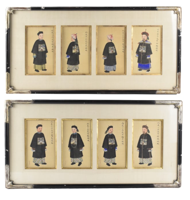 Zhou Peichun, Chinese Officials Painting on Silk: Artist "Zhou Peichun" ,ink and color on silk, two framed painting depicting eight ranks of civil and military officials, all watercolor on silk, bearing with red artist signature, come with a customiz