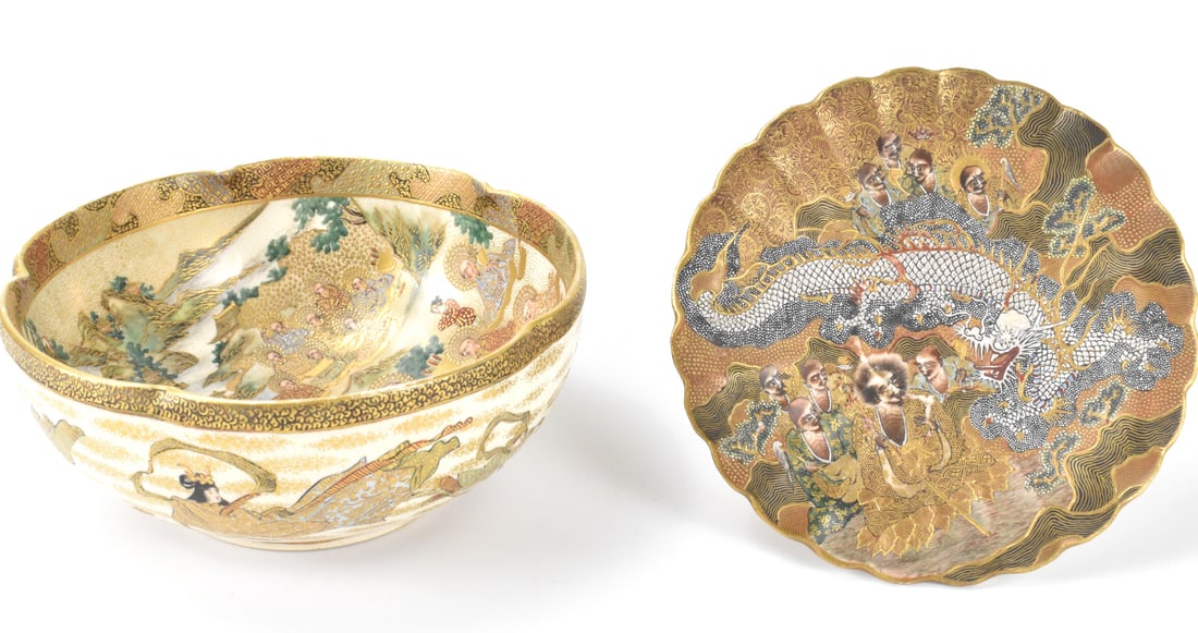 2 Japanese Satsuma Bowl & Dish, Meiji Period: Two Japanese Satsuma items; a bowl and a dish,dating from the Meiji period. The bowl is deep and lobed, with interior design of many monks in their robes with halos, sitting in a landscape with trees 