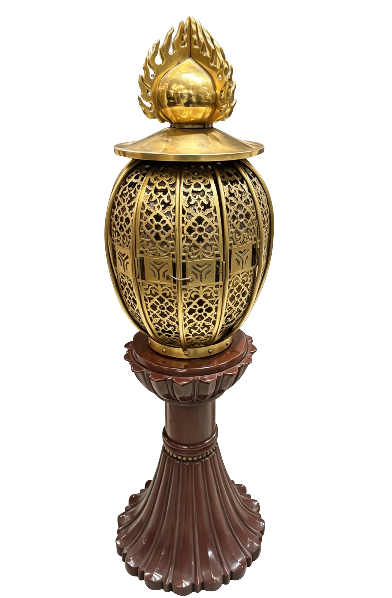 Japanese Imperial Gilt Bronze Lantern,Meiji Period: A Japanese Imperial gilt bronze lantern. Meiji period (1868-1912). In two parts, reticulated glob in gilt bronze and a brown stand. Overall H. 29" (73.6 cm) Collection of a Quincy, Massachusetts colle
