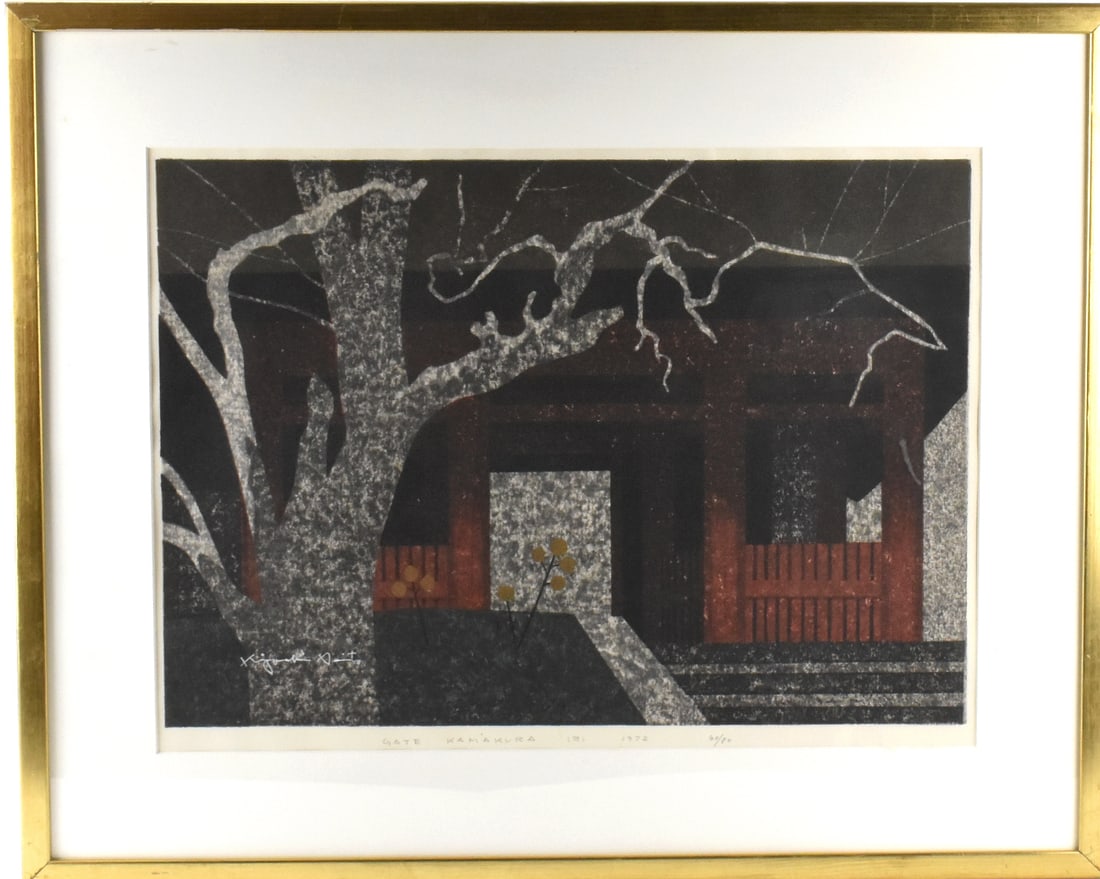Kiyoshi Saito,Woodblock Print "Gate Kamakura": by artist Kiyoshi Saito(1907-1997), Japanese woodblock print"Gate Kamakura", kiyoshi was a master of the Sosaku-hanga(creative print) movement meaning he drew, carved and printed his own works,this pr