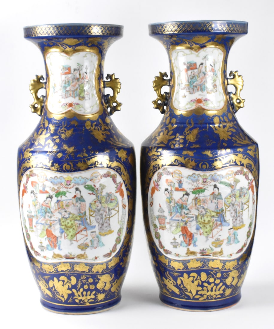 Pair Chinese Gilt Blue Rose Medallion Vase,19th C.: pair large Chinese gilt blue rose medallion vases, dating from the 19th C. over a wide straight base the cylindrical body widens before tapering to a thick neck flaring to a wide mouth and banded rim,