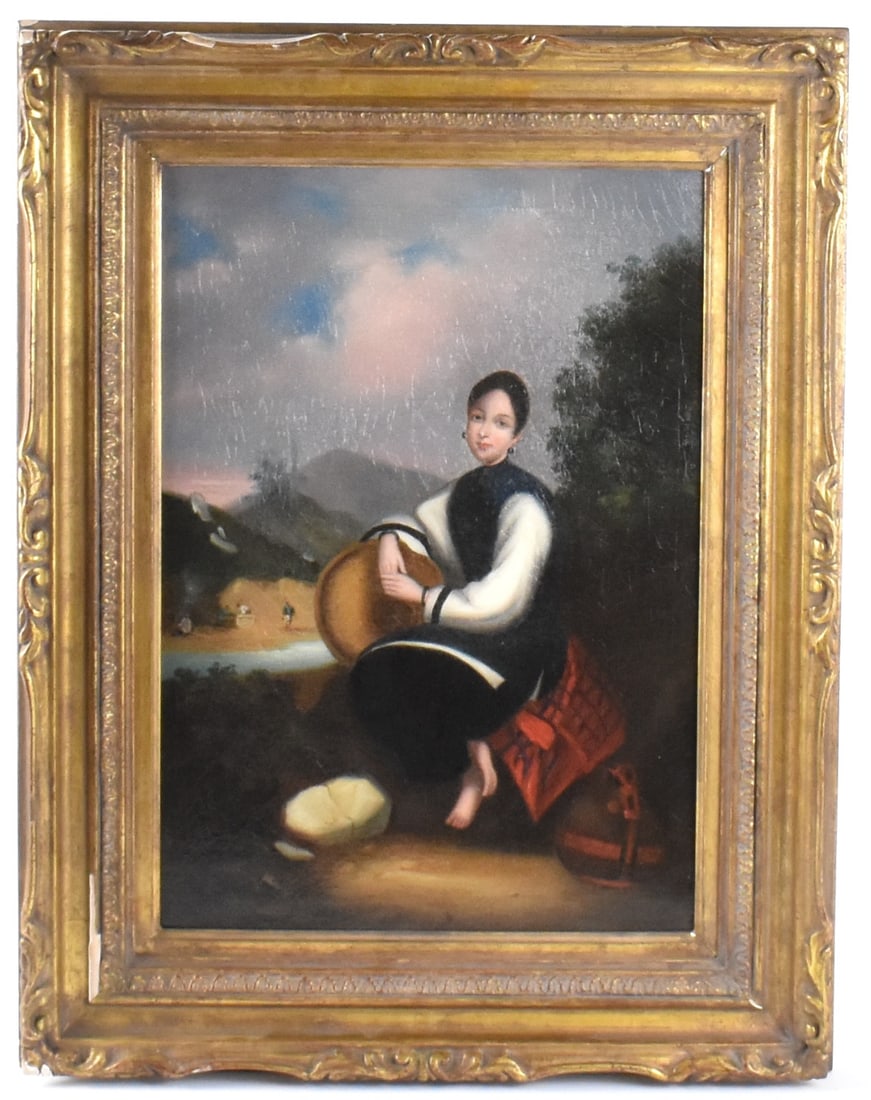 Chinese Export Oil Painting of Beauty, 18th C.: Chinese export oil painting of a beauty, dating from the 18th century. The beauty sits placidly by a riverbank with slight smile, barefoot, and rests her arms on her sun hat. Workers and their boat ca