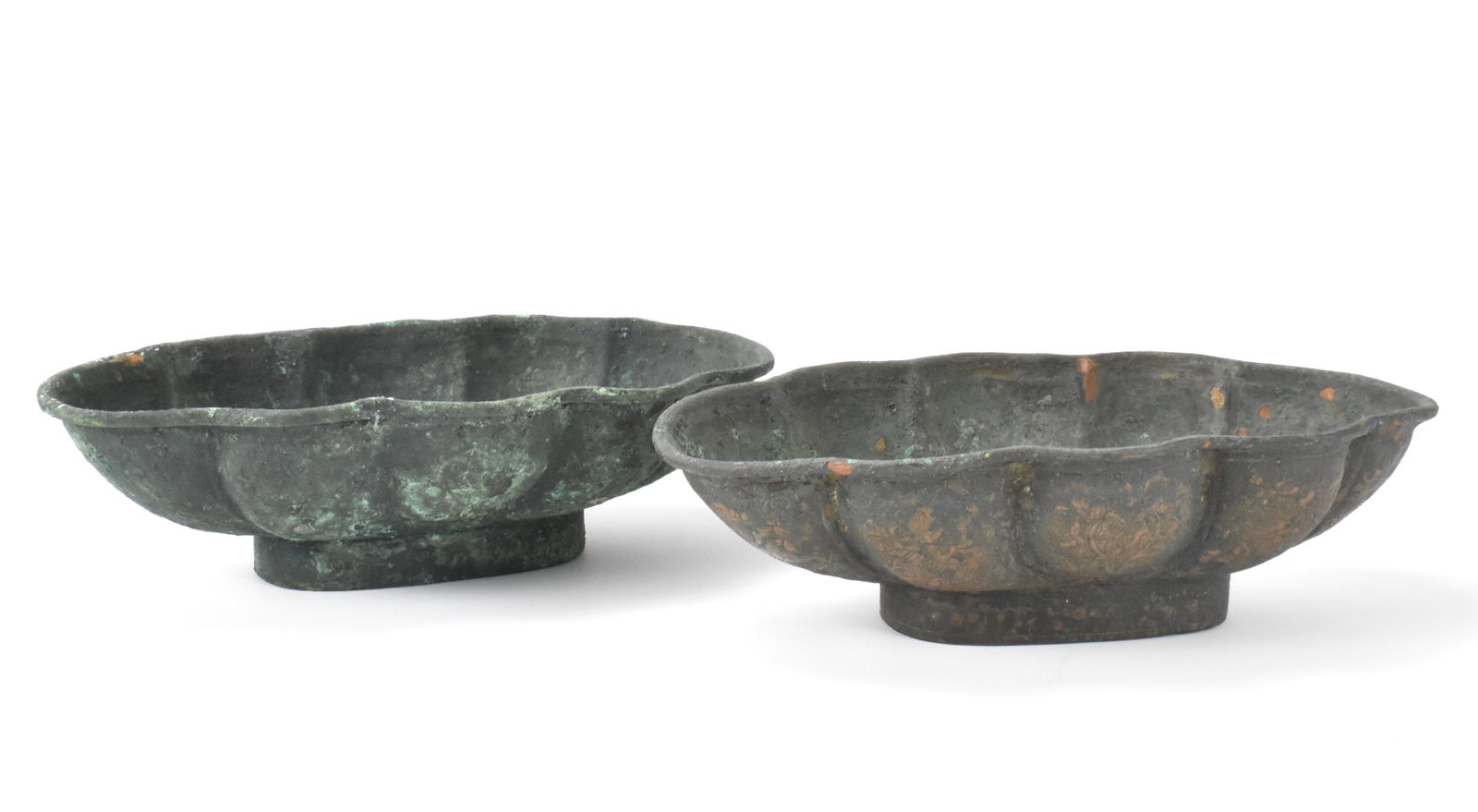 2 Chinese Archaic Bronze Incised Lobed Bowls