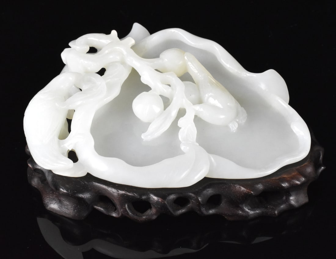 Chinese White Jade Carved Lotus Washer, 19th C.