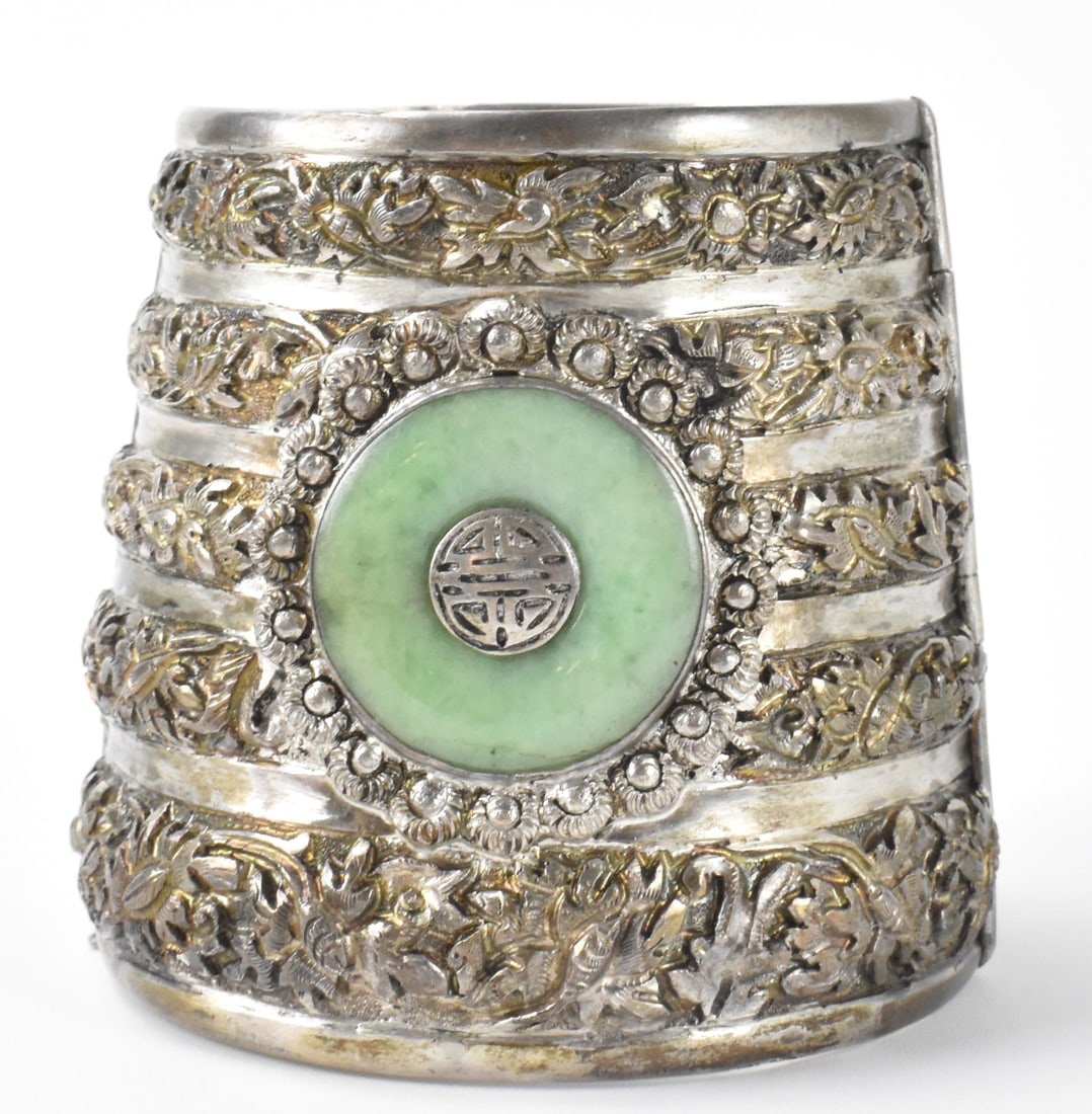 Chinese Sterling Silver Cuff w/ Jadeite, Qing D. (1 of 10)