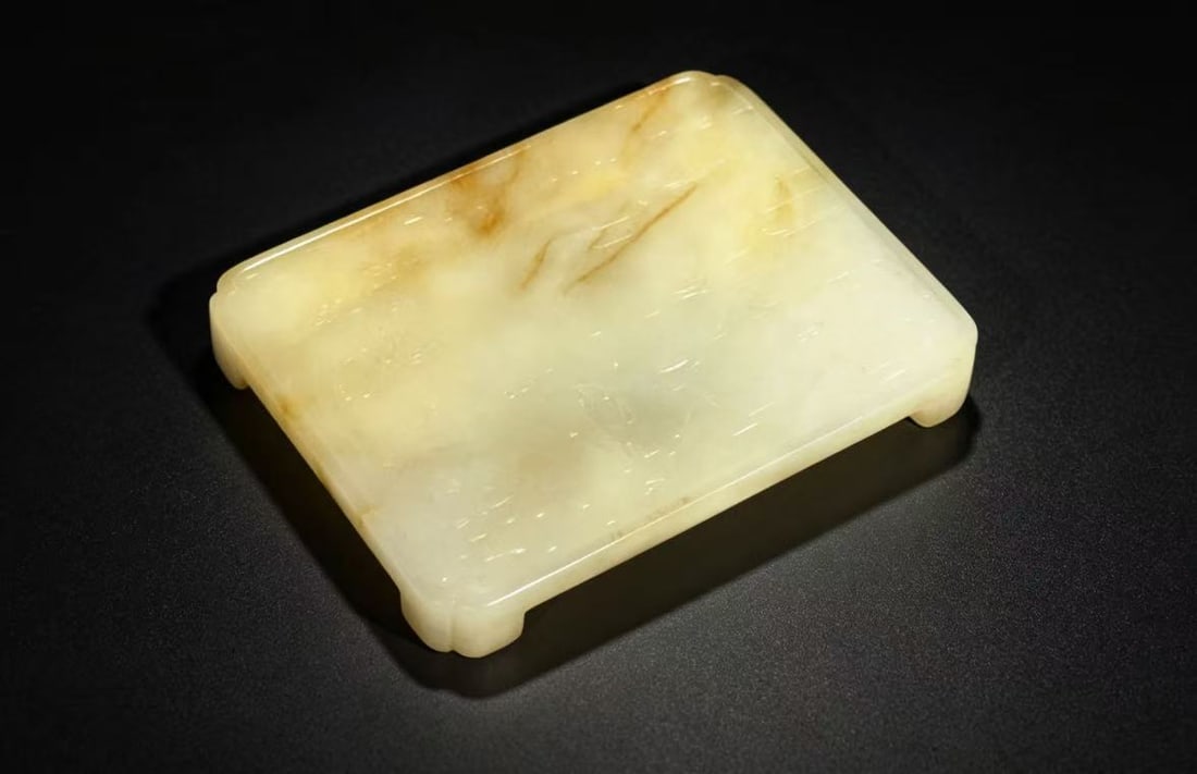 Chinese Jade Carved Ink Stand w/ Wooden Box: A Chinese scholar jade carved ink stand come with a collector box. ink stand is in rectangular form with four angled feet, incised with scholar and boy servant in landscape with houses , trees and mou