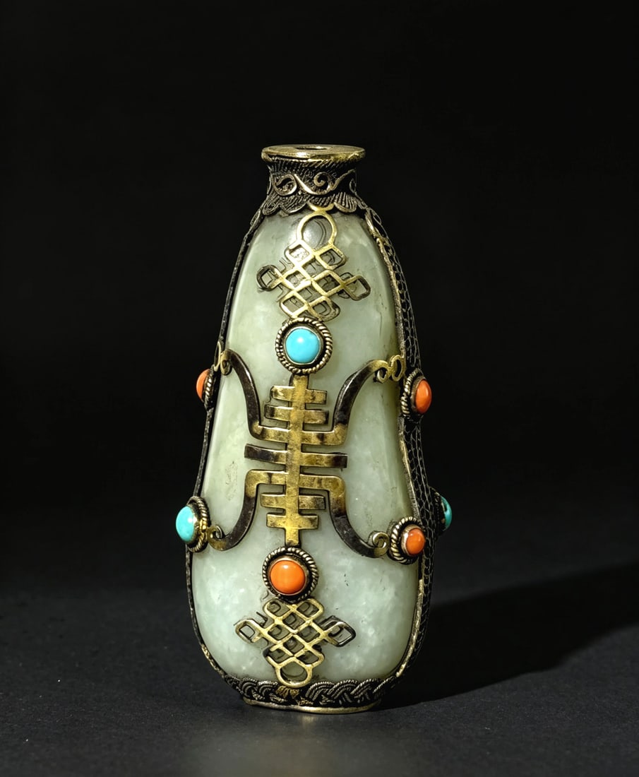 Chinese Jade Snuff Bottle w/ Silver & Gem Stone (1 of 8)