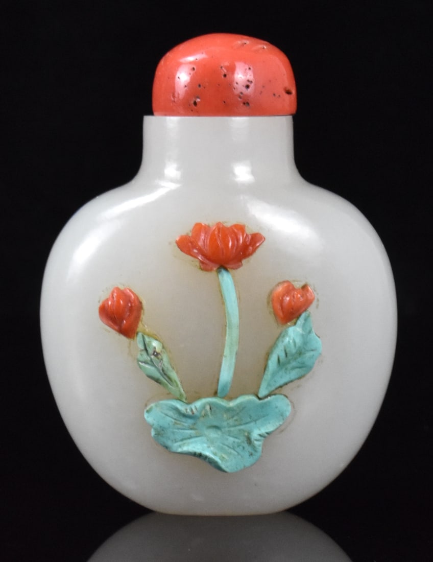 Chinese White Jade Snuff Botlle w/Turquoise &Coral (1 of 8)