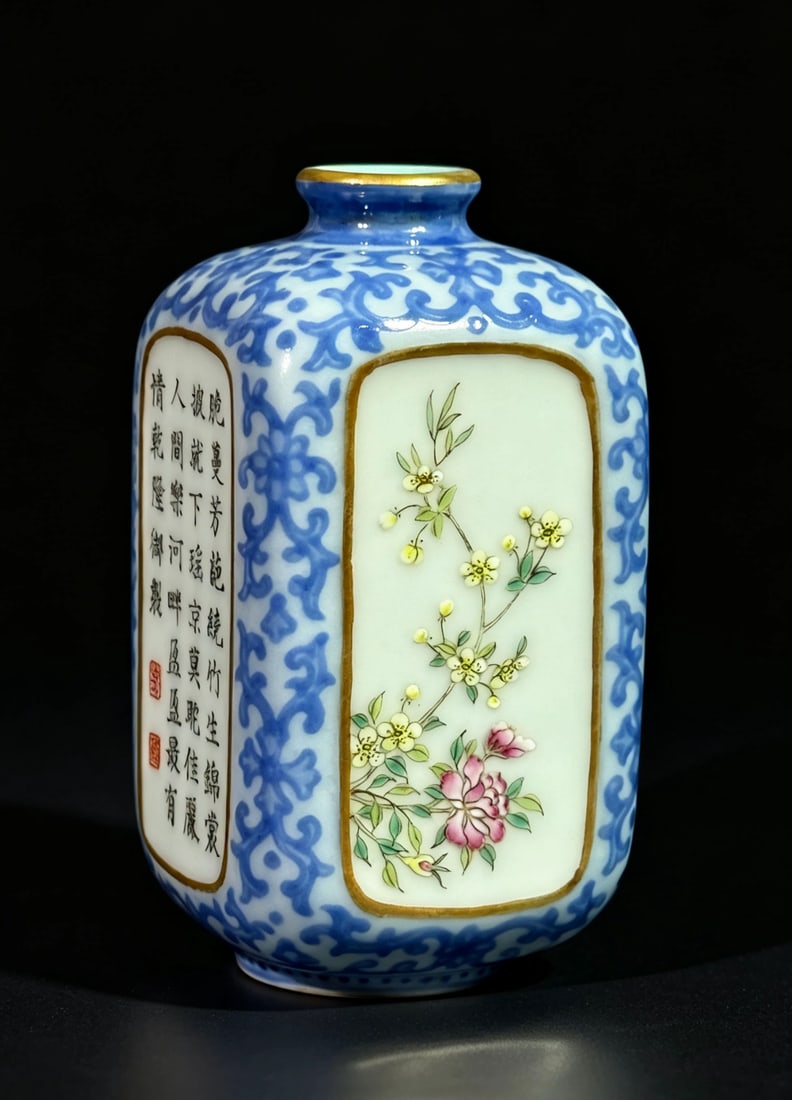Chinese Squared Vase w/ Poem, ROC Period: A Chinese porcelain squared vase with poem, dating from the Republic period. Small porcelain vase with floral and poem design on four panels. Vase has rounded corners and flat sides. six iron red char