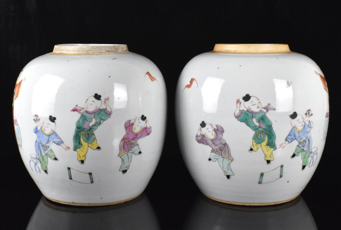 Pair Chinese Famille Rose Boys Jars, 18th C.