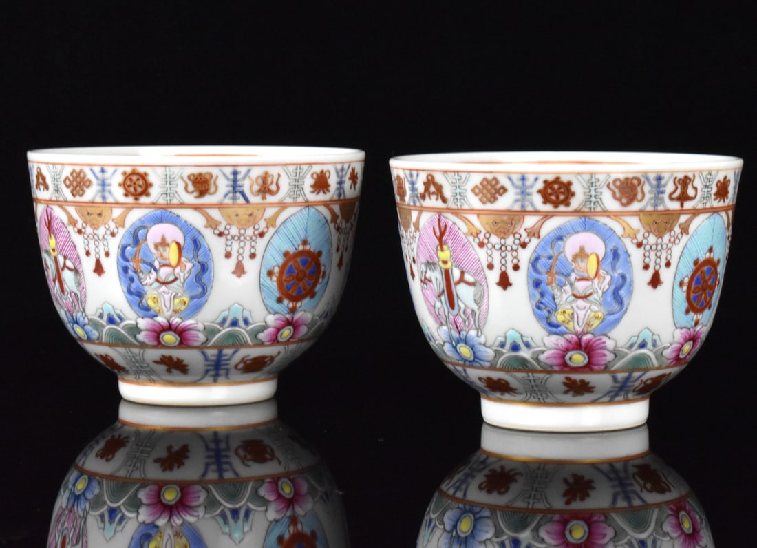 Pair Chinese Famille Rose Tea Bowl, 19th C.: Pair of Chinese famille rose baragon tumed tea bowls, dated from Daoguang Period, the base inscribed with an iron red "Baragon Tumed"mark in Mongolian script D: 3 5/8" (9.2 cm), H. 2 3/4" (7 cm) Colle
