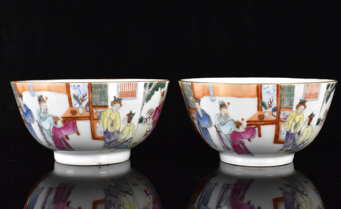 Pair Chinese Famille Rose Figural Bowls, 19th C. (1 of 9)