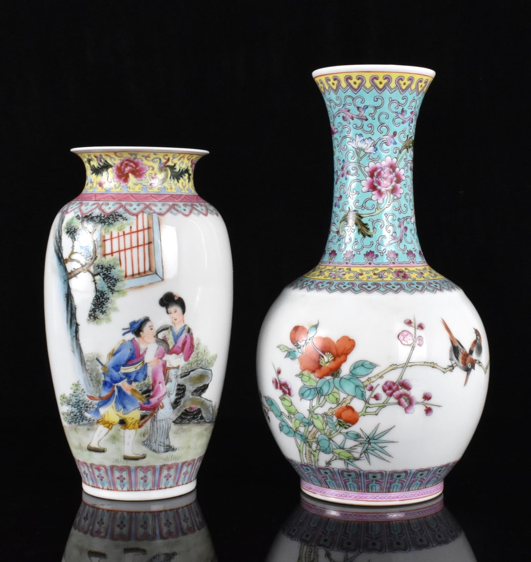 2 Chinese Famille Rose Vase, 1950s: Two Chinese famille rose bases, dated from 1950's. Taller vase features two birds perched on a branch with red and pink blossom flowers. A Chines poem on opposite side. Smaller lantern vase painted a 