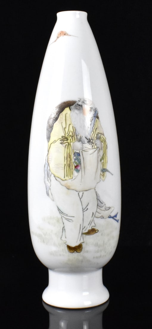 Chinese Famille Rose Vase w/ Figure, ROC Period: A Chinese famille rose vase dating from the Republic period. Over a tall slender base the vase expands to a wide bottom then tapers gradually to a small flared mouth. Decorated with a finely painted e
