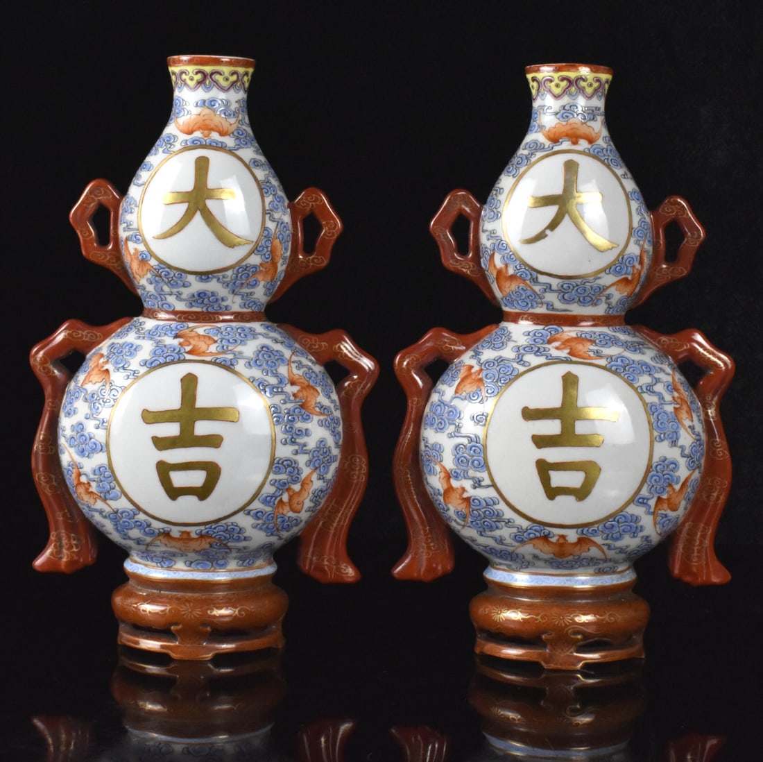 Pair Chinese Famille Rose Gourd Wall Vase,ROC Pe. (1 of 10)