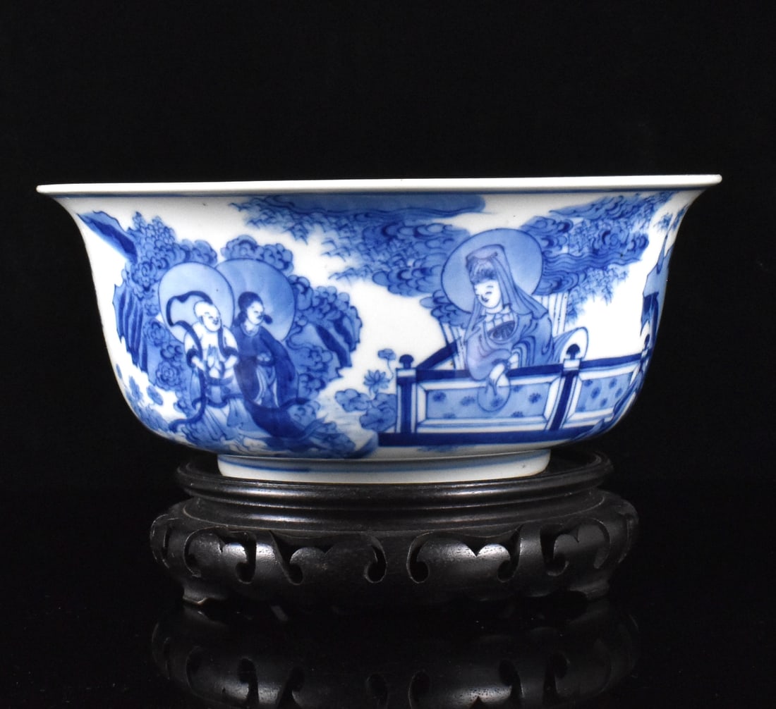 Chinese Blue & White Buddhist Bowl w/ Scriptures: A Chinese blue and white Buddhist bowl with scriptures. dated from Qing Dynasty, A deep rounded sides bowl with flared rim,four auspicious character in center well surrounded by a ring of blue floral 