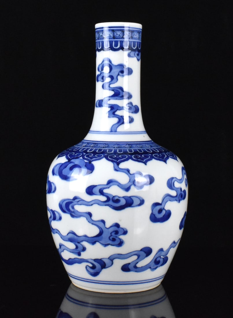 Chinese Blue & White Scrolling Cloud Vase,Qing D.