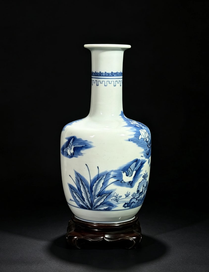 Chinese Blue & White Vase w/ Magnolia,Qing Dynasty