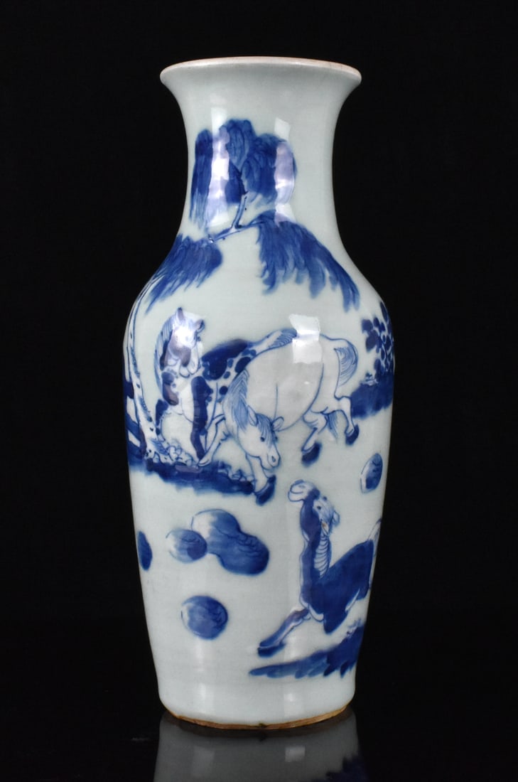 Chinese Celadon Blue & White Horse Vase,19th C.