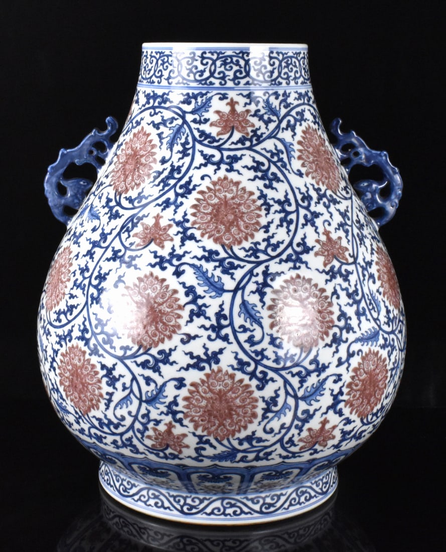 Large Chinese Blue & Copper Red Zun Vase, 19th C.: impressive Chinese blue and copper red Zun vase, dated from the 19th C. archaistic Zun form, well proportioned baluster body supported on a short foot and tapering to a straight mouth rim, the neck fl