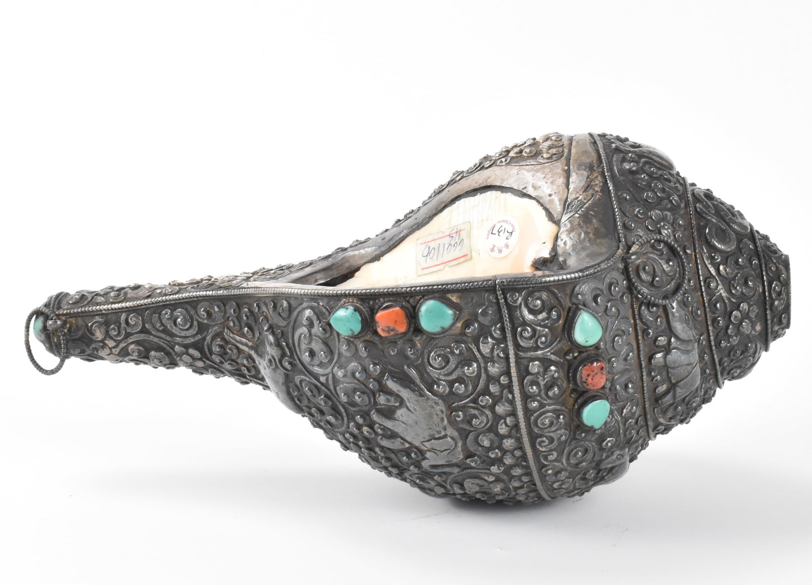 Tibetan Buddhist Snail Mounted w/ Silver & Stones (1 of 11)