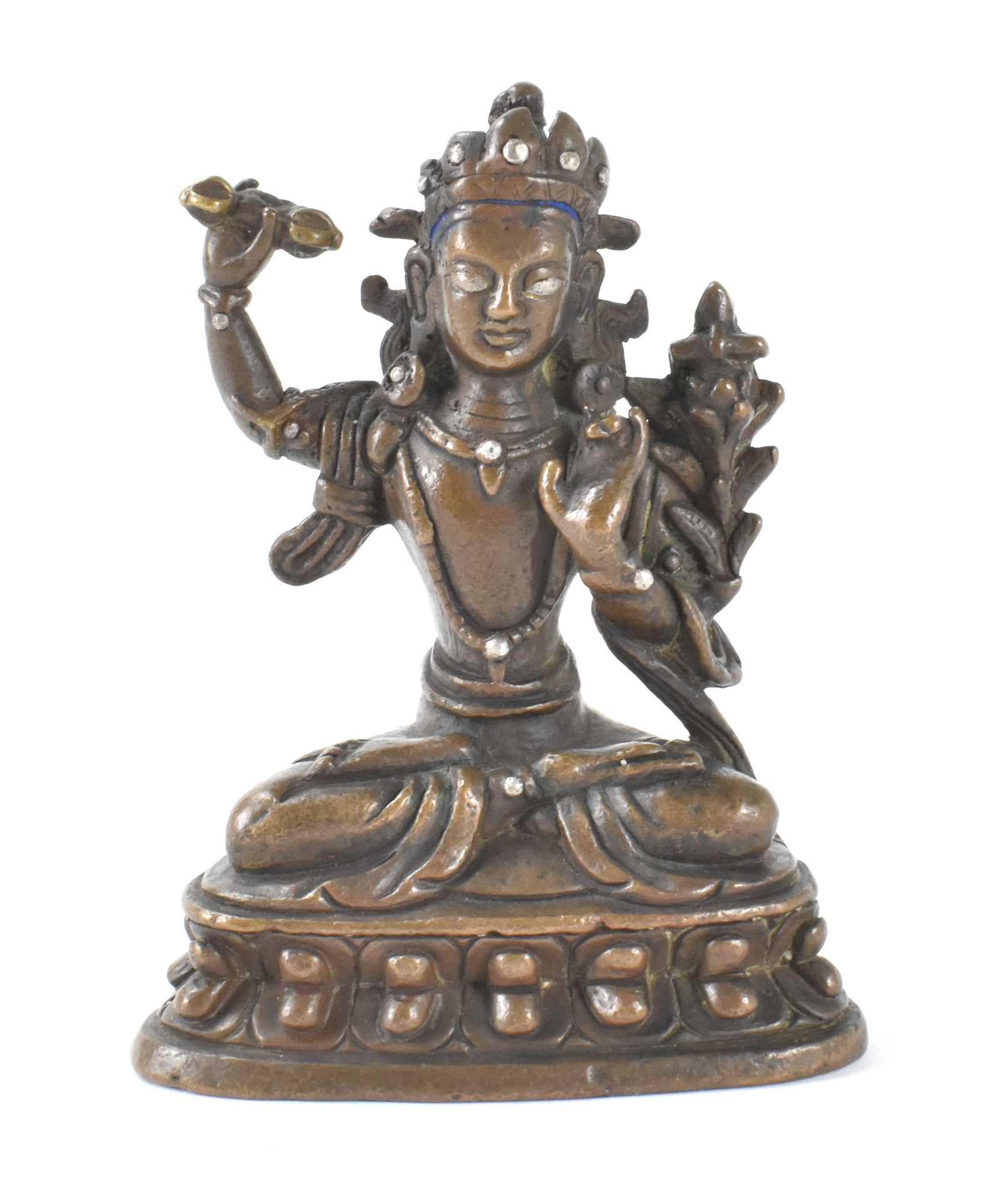 Nepalese Bronze Cast Buddha w/ Silver Inlay,15th C: A Nepalese bronze cast Buddha with inlaid silver, dating from the 15th century. The bronze Buddha on a lotus platform is seated in meditation position with left palm outwards in mudra sign and right h