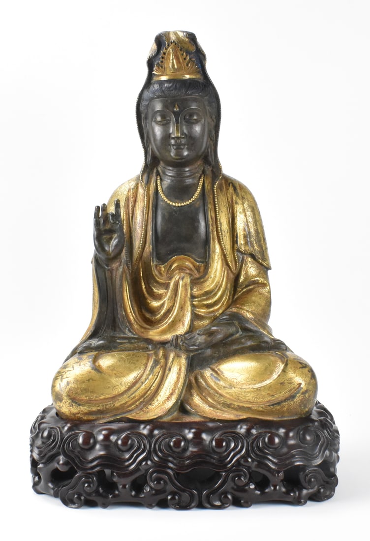 Large Chinese Gilt Bronze Guanyin on Stand, Qing D