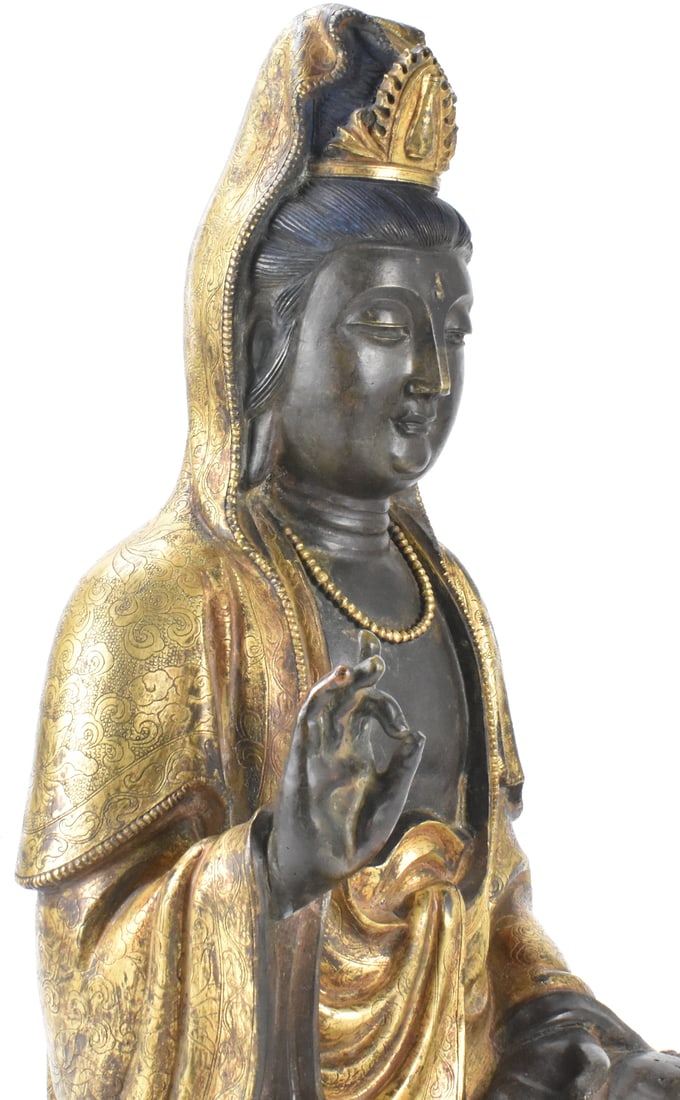 Large Chinese Gilt Bronze Guanyin on Stand, Qing D - 7