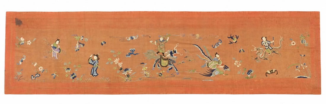 Chinese Silk Embroidery w/ Figures, Qing Dynasty: A Chinese silk embroidery. On bright orange silk, a very auspicious design featuring a figure riding a foo lion, a phoenix, and a dragon in the sky. Also featured several bats and butterflies. Several