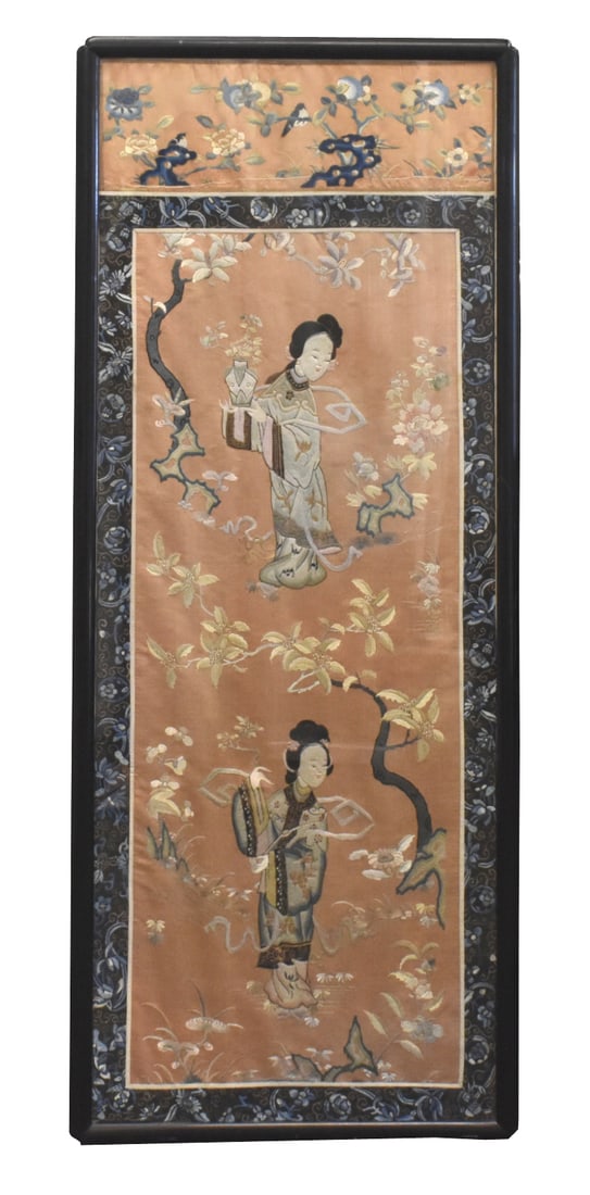 Chinese Embroidery Silk Beauties Panel, 19th C.: A Chinese embroidery silk with beauties panel, dating from the 18/19th centuries. vertical embroidery with two beauties in fine robes, on holding a vase of flowers, are surrounded by white flowers. A 