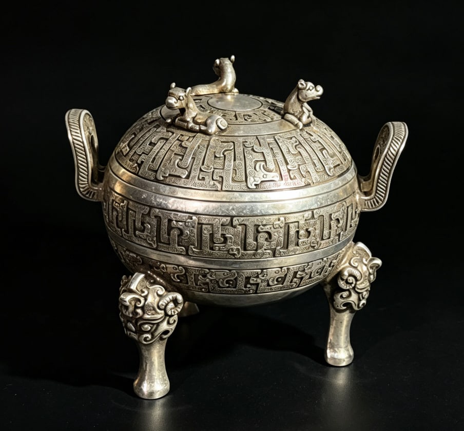 Chinese Silvered Bronze Tripod Ding Vessel, Qing D (1 of 17)