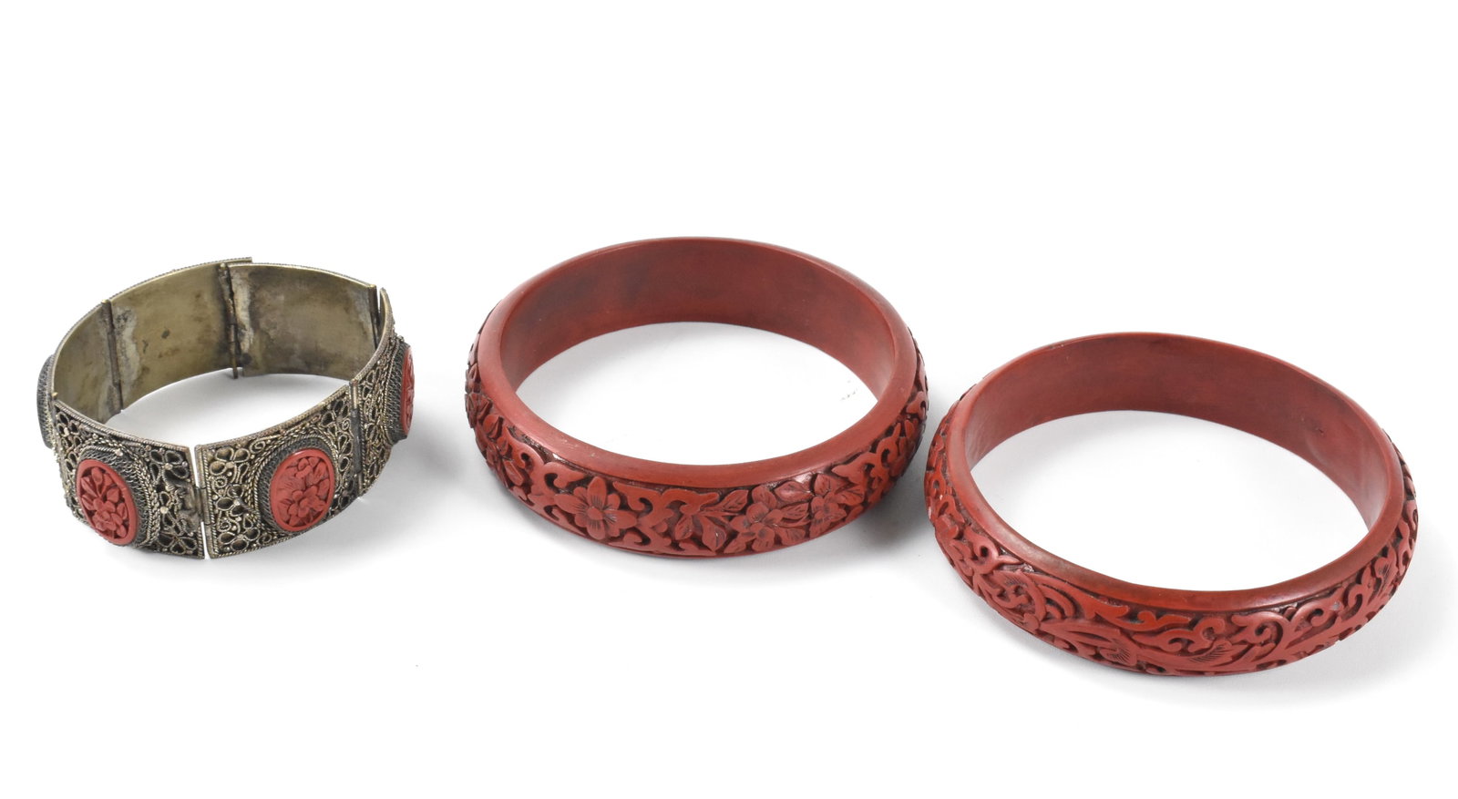 3 Chinese Cinnabar & Silver Carved Bracelet,Qing D (1 of 9)