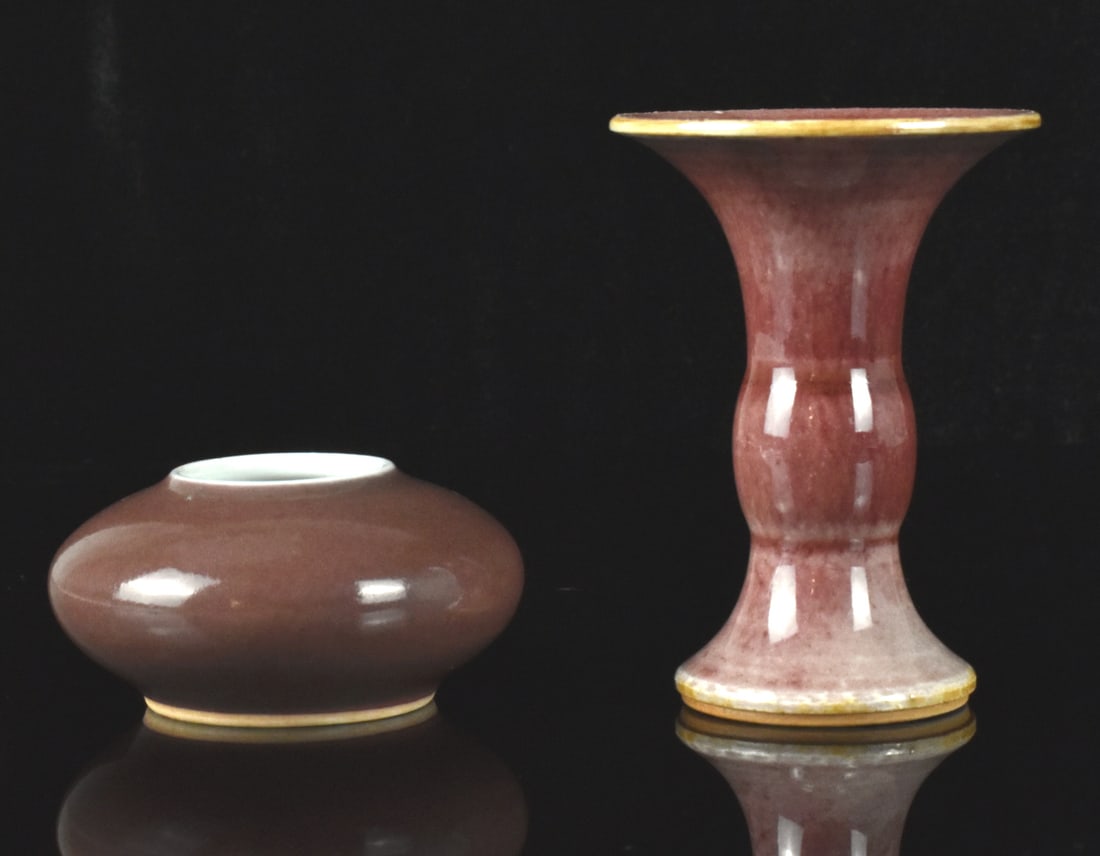 2 Chinese Copper Red Glazed Water Coupe & Gu Vase: Two Chinese copper red glazed items; water coupe and a Gu shape vase. dated from Qing Dynasty, The gu vase has the typical flared mouth and wide base, with copper red glaze becoming lighter from top t