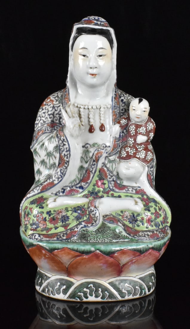 Chinese Famille Rose Guanyin w/ Boy, ROC Period