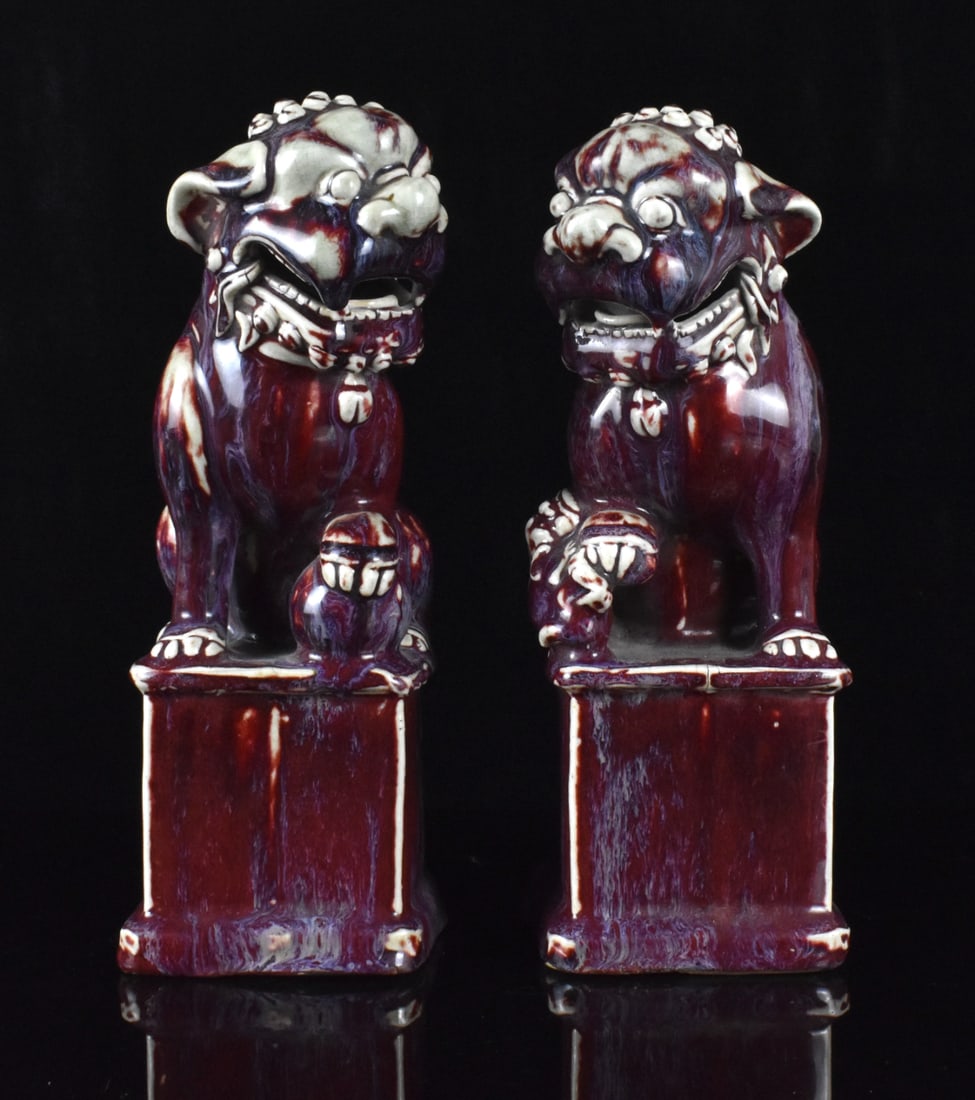 Pair Chinese Flambe Glazed Foo Dogs, Qing Dynasty (1 of 13)