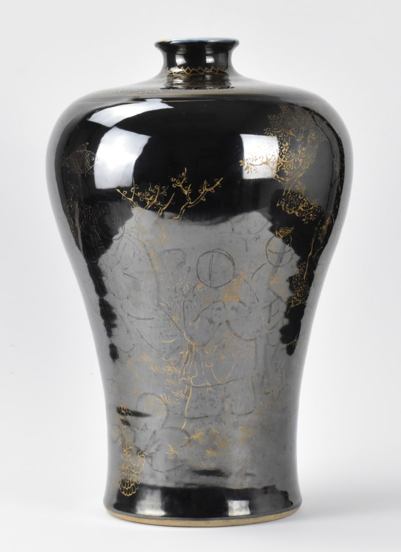 Chinese Gilt Mirror Black Glazed Meiping Vase