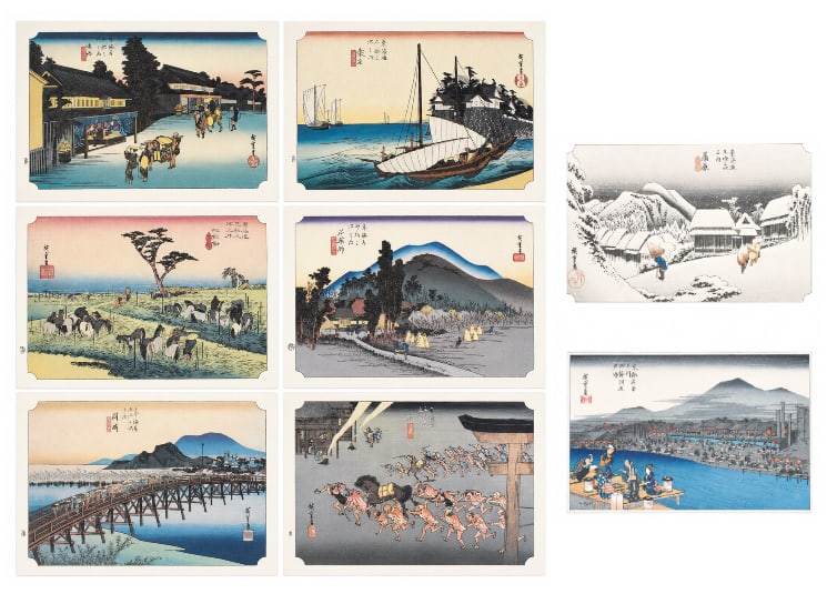 Group of 8 Japanese Woodblock Prints: A group of eight Japanese wood block prints, 2 are mounted on board with plastic protective sleeve. Each print is a colorful depiction of Japanese culture and life in the country during different seas