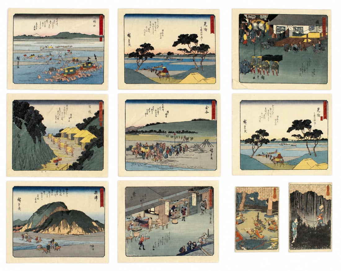 Group of 10 Japanese Woodblock Prints: A group of 10 Japanese woodblock prints. Eight print shas a horizontal composition of different landscapes with figures working and going about their daily lives. Offering a fascinating glimpse into J