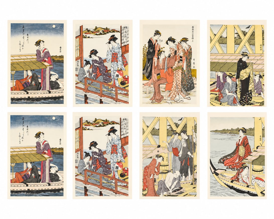 Group of 8 Japanese Woodblock Prints: A group of 8 Japanese woodblock prints. Each are mounted on a board and protected by a plastic sleeve. Six larger prints feature groupings of women in colorful Japanese garb looking elegant and spendi