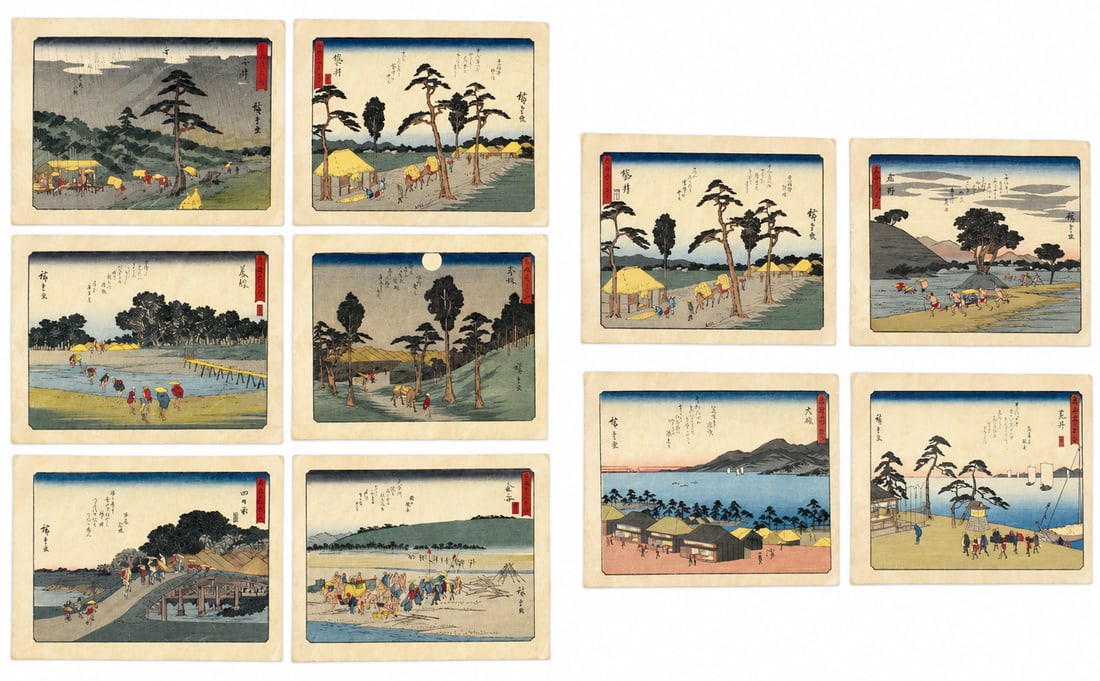 Group of 10 Japanese Woodblock Prints: A group of 10 Japanese woodblock prints. Each print has a horizontal composition of different landscapes with figures working and going about their daily lives. Offering a fascinating glimpse into Jap