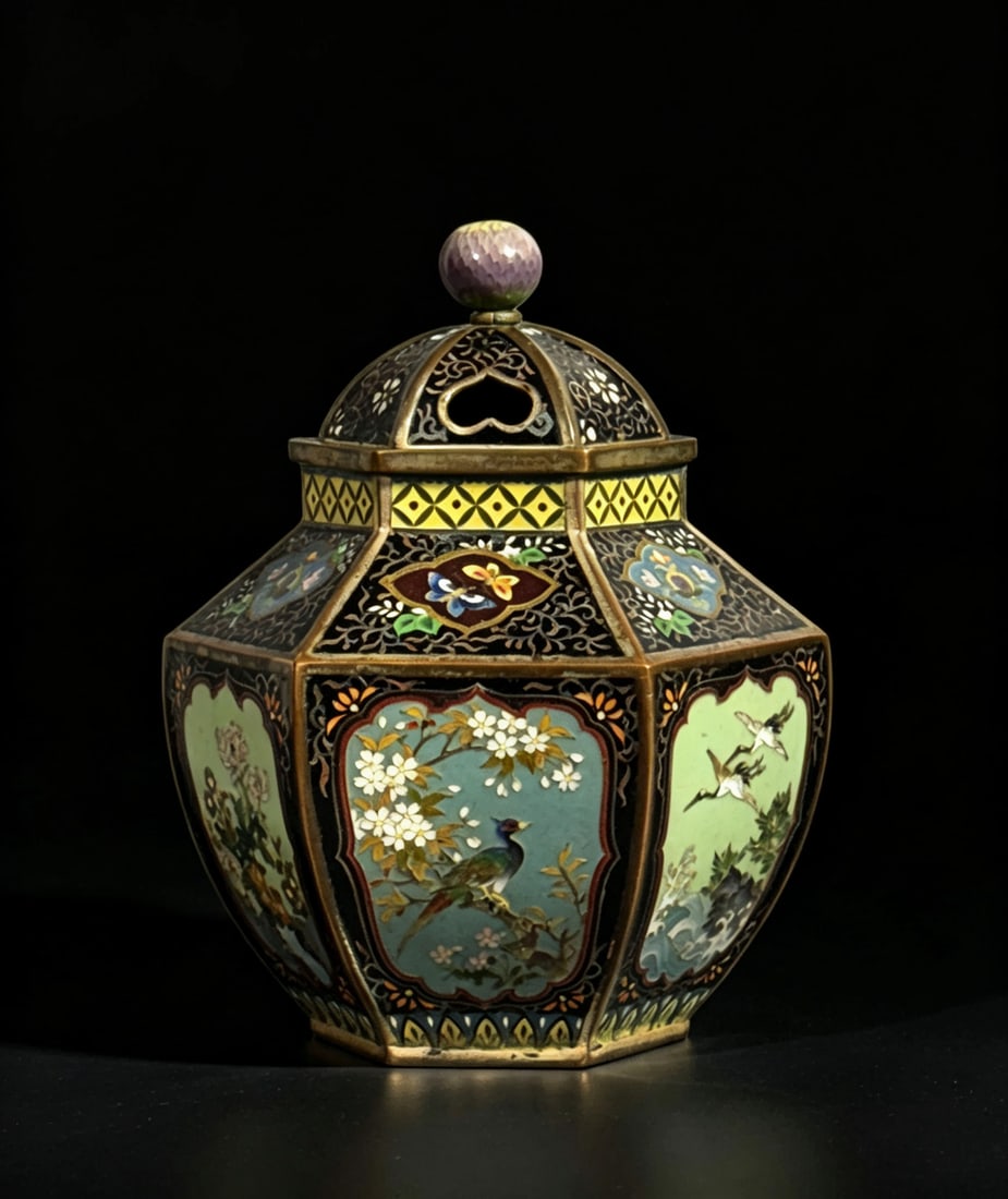 Japanese Hexagonal Cloisonne Censer, Meiji Period (1 of 11)