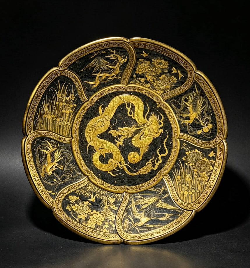 Japanese Komai Charger w/ Dragon, Meiji Period: A Japanese Komai charger with dragon motif. dated from Meiji Period,The charger is highly decorative using intricate damascene inlay techniques. A decorative dragon holding a pearl dominates the cente