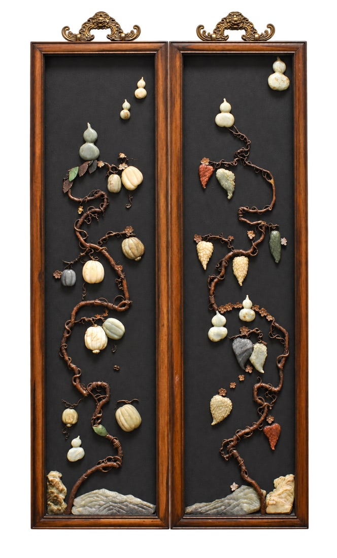 Pair of Chinese Jade Inlaid Lacquered Plaque,Qing: A pair of Chinese jade inlaid lacquered plaques. dated from Qing Dynasty, Each tall vertical plaque features different colors of jade gourds and melons growing from a curving thick vine from the botto