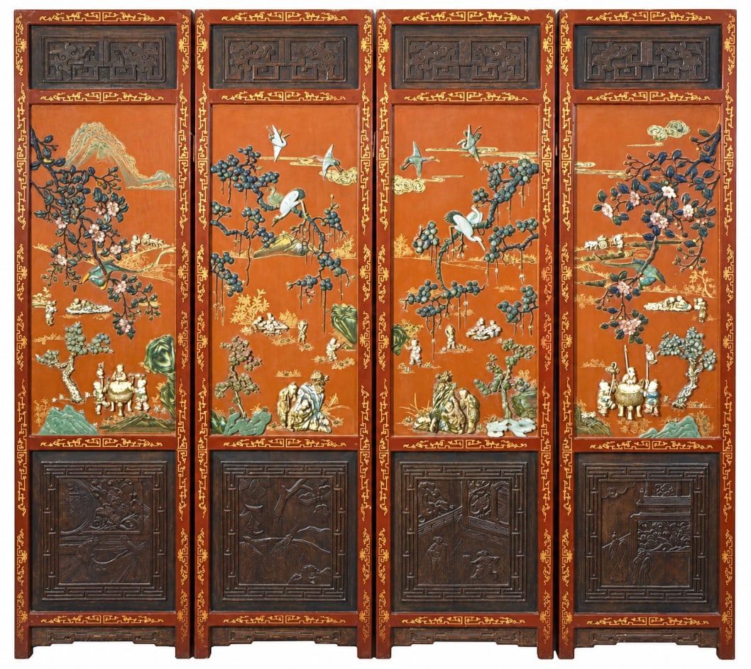 Set of 4 Chinese Lacquered Screen w/ Jade Inlay (1 of 18)