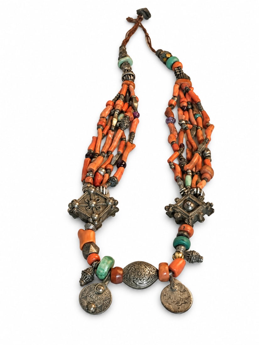 Tibetan Silver Necklace w/ Coral, Turquoise & Gem: Tibetan Silver Necklace w/ Coral, Turquoise & Gem Magnificent long necklace laden with colorful coral, turquoise ,agate and other gem stones,silver pieces with traditional Tibetan motif pattern total 