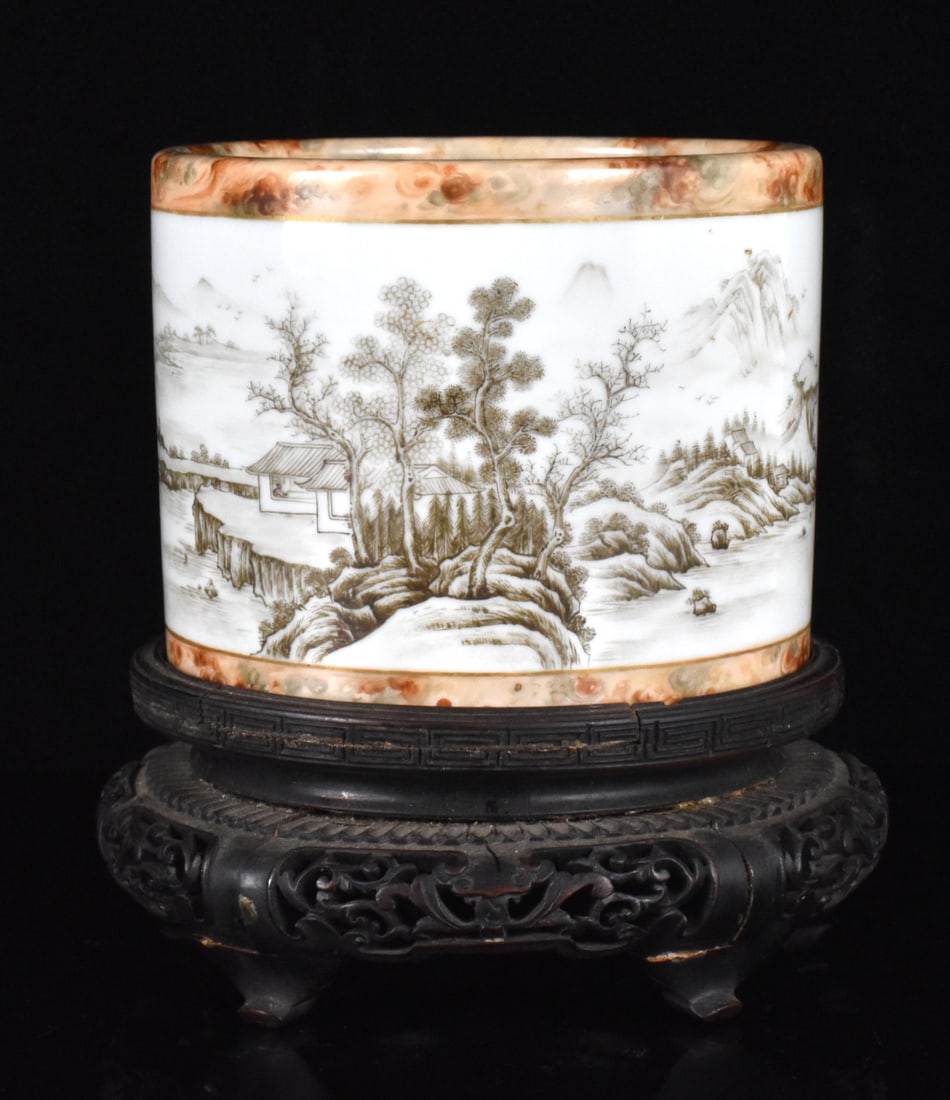 Chinese Faux-Bois Grisaille Brushpot on Stand (1 of 14)