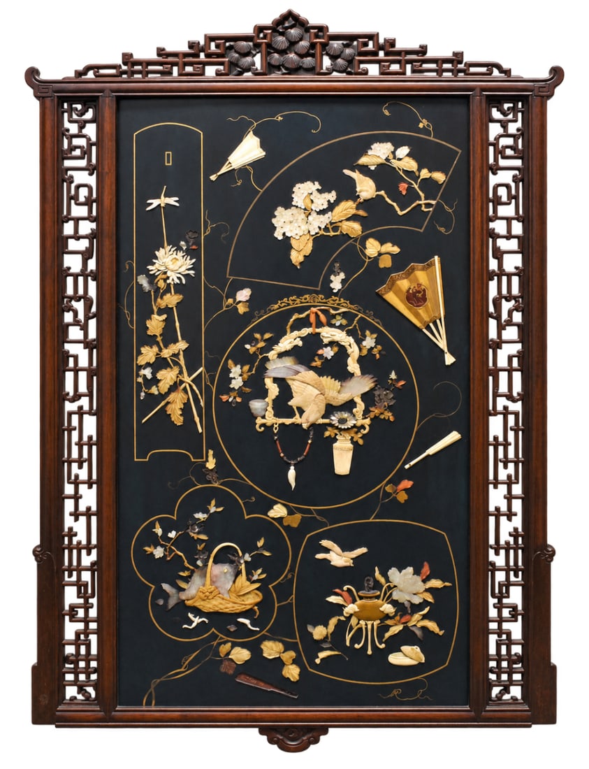 Japanese Shibayama Lacquered Panel, Meiji Period: A large Japanese Shibayama inlaid lacquered panel, dating from the Meiji period (1868-1912). An intricately decorated Japanese art piece featuring high relief, mosaic-like inlays of natural materials 